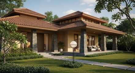 Tranquil tropical residence showcasing traditional architecture and lush greenery