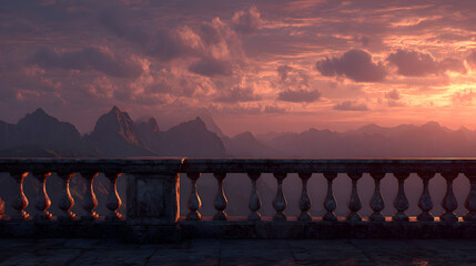 Stone Balustrade at Sunset Over Mountains