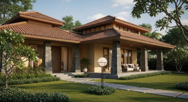 Tranquil tropical residence showcasing traditional architecture and lush greenery