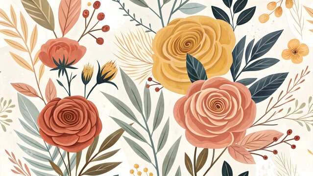 Botanical seamless pattern featuring vintage roses and foliage in warm autumn colors on a textured background