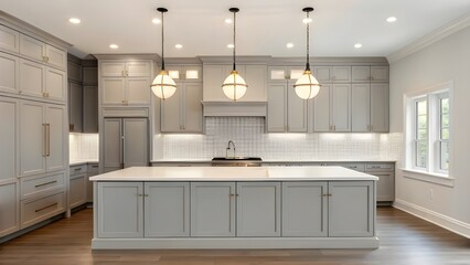 Stylish Ash Gray Kitchen With Minimalist Cabinetry, Bright White Countertops, And Sleek Pendant Lighting. Contemporary Cooking Space Offering Clean Lines, Elegance, And Function