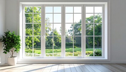 Fototapeta premium Expansive white-framed window with multiple panes showcases lush green trees and vibrant foliage outside, offering a bright and refreshing view inside a clean interior space, accented by a potted...