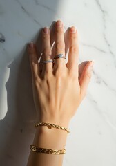 Elegant hand with gold jewelry and rings against a white marble surface