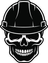 Black and White Silhouette of a Skull Wearing a Hard Hat on White Background construction safety