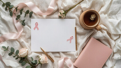 Flat lay with blank card, pink ribbons, rose, notebook and tea on fabric background, breast cancer awareness support concept, mockup template for invitations or campaigns