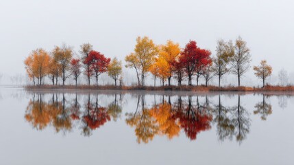 Obraz premium a group of trees with autumn colors, standing on the edge of an endless lake, their reflections shimmering in the water. the sky is overcast and foggy, adding to the mysterious atmosphere 