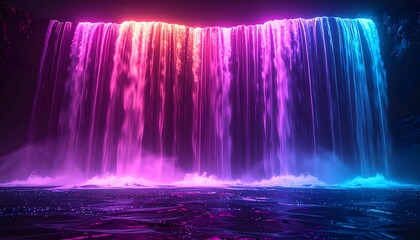 A breathtaking waterfall illuminated by a spectrum of vibrant neon colors, creating a magical and futuristic outdoor scene