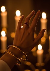 Elegant hand with jewelry in candlelight setting