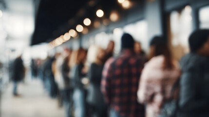 A blurred indoor scene showing a diverse group of people waiting in a long queue illuminated by soft lights