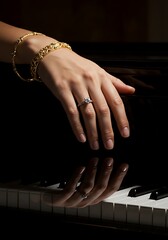 Elegant hand with jewelry rests on piano reflecting light and beauty
