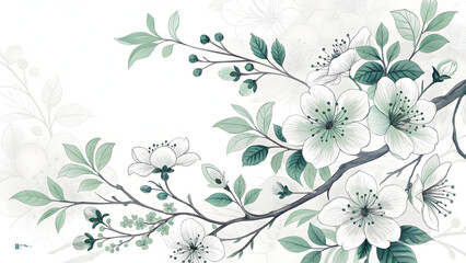 Obraz premium Delicate watercolor cherry blossom branches featuring white flowers and soft sage green leaves on a clean white background.