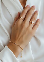 Elegant hand with jewelry rings and bracelet displayed against white fabric