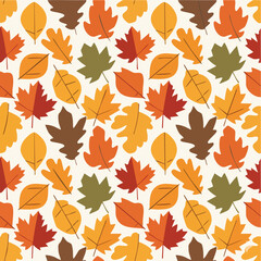 Autumn leaves pattern, fall foliage seamless design, seasonal leaf vector, orange red yellow brown leaves, nature-inspired background
