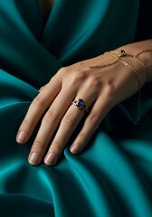 Elegant hand with ring and bracelet against textured teal fabric background