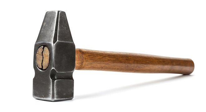 A Metal Blacksmith's Hammer with a Wooden Handle on a White Background