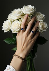 Elegant hand with rings holding white roses against a dark background