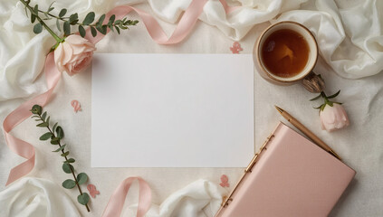 Flat lay with blank card, pink ribbons, rose, notebook and tea on fabric background, breast cancer awareness support concept, mockup template for invitations or campaigns