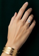 Elegant hand with ring and bracelets against dark backdrop