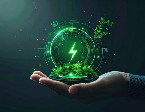 A hand cradles a glowing orb; green energy symbol within, surrounded by foliage and futuristic circuitry, suggesting sustainable power