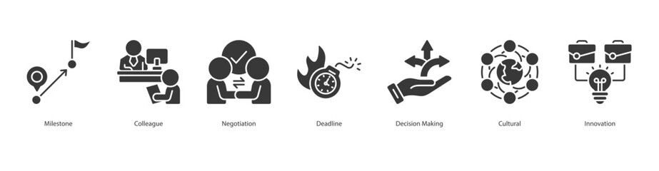 Collaborative Innovation Management glyph banner web icon set vector illustration concept with icon of milestone, colleague, negotiation, deadline, decision making, cultural, innovation