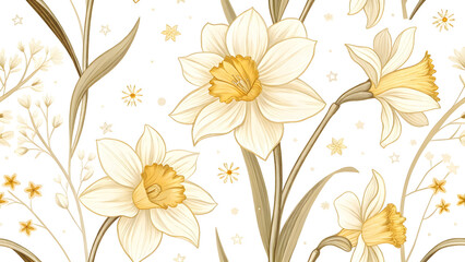 Elegant seamless pattern featuring vintage botanical illustrations of white and golden-yellow narcissus flowers and foliage.