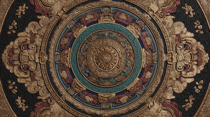 Fototapeta premium Intricate Golden Tibetan Mandala with Colorful Details and Textured Surface