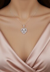 Elegant heart shaped diamond pendant necklace against a silk blouse