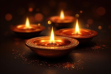 Traditional diyas oil lamps Diwali festival glowing lights Hindu celebration spiritual decoration religious golden illumination burning

