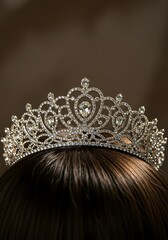 Elegant jeweled tiara atop dark hair against a soft brown background