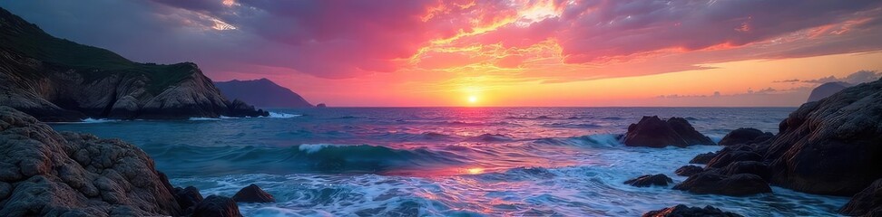 Obraz premium Vast, tranquil ocean meeting a dramatic, rocky coastline under a vibrant sunset sky Perfect for travel, nature, and coastal themed projects , horizon, colors, untouched
