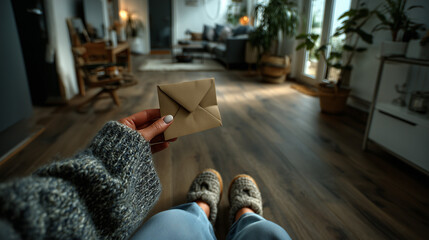 Low Angle View of a Person in Slippers Holding a Small Kraft Paper Envelope at Home