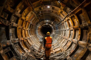 Construction worker inspecting concrete tunnel infrastructure project