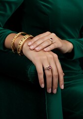 Elegant jewelry display with golden bracelets and gemstone rings closeup