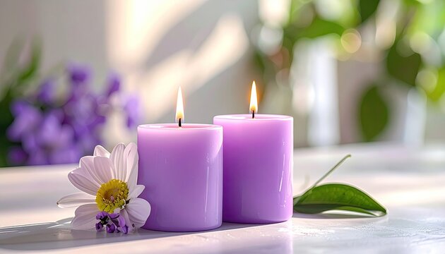 Two lilac-colored candles burning brightly, flanked by purple flowers and a single daisy, bathed in soft sunlight