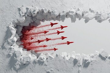 Red triangle arrow exploding upward with particles growth success increase breakthrough achievement business financial chart concept
