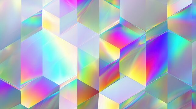 Seamless abstract background of colorful holographic diffraction cubes and geometric patterns.