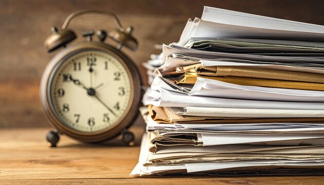 A vintage alarm clock sits beside a large stack of papers on a wooden surface, suggesting a deadline or overwhelming workload