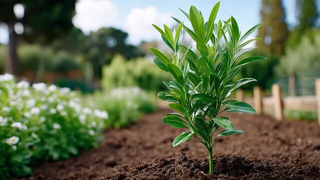 Sapling of Growth: A verdant sapling flourishes in the rich, loamy soil of a flourishing garden, representing growth, renewal, and the promise of life.