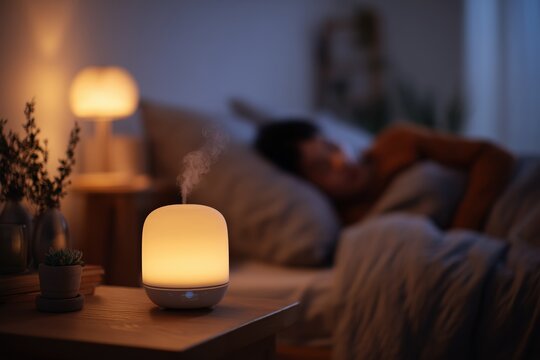 Bedroom aromatherapy diffuser glowing at night essential oils relaxation wellness peaceful sleep self care cozy tranquil atmosphere

 - Powered by Adobe