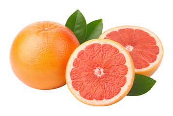 One whole ripe grapefruit and two juicy sliced halves are arranged with green leaves. This is a transparent png image, isolated.