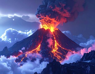 Fototapeta premium A majestic volcano erupts, fiery lava flows down its slopes, billowing smoke and ash into a dramatic twilight sky