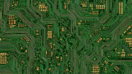 Close up view of a green printed circuit board with gold-plated components.