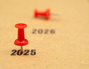 Year 2025 Marked by Red Pushpin on Brown Paper, Future Planning and Goal Setting Concept