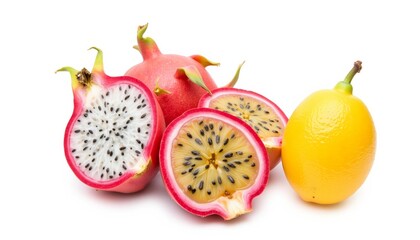 Fresh dragon fruit and lemon on white background  