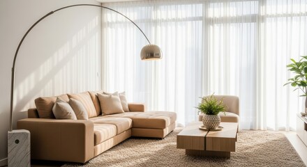Modern living room with sectional sofa arc lamp and natural light creating a cozy ambiance