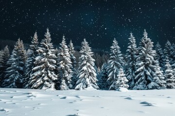 Naklejka premium A snow-covered landscape forest night trees.