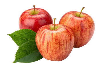 Three ripe red apples with vibrant green leaves are beautifully showcased. This isolated, transparent png image features fresh fruit, perfect for healthy food designs.