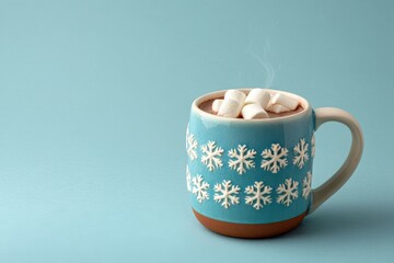 Cozy hot chocolate with marshmallows in a blue snowflake mug for winter comfort