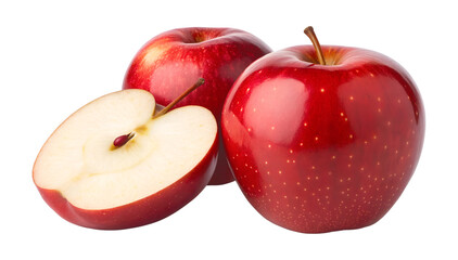 Three red apples are displayed on a transparent background, with two whole and one fresh half apple, perfect as an isolated png for healthy food.