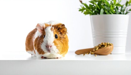 Guinea pig on white surface, food nearby